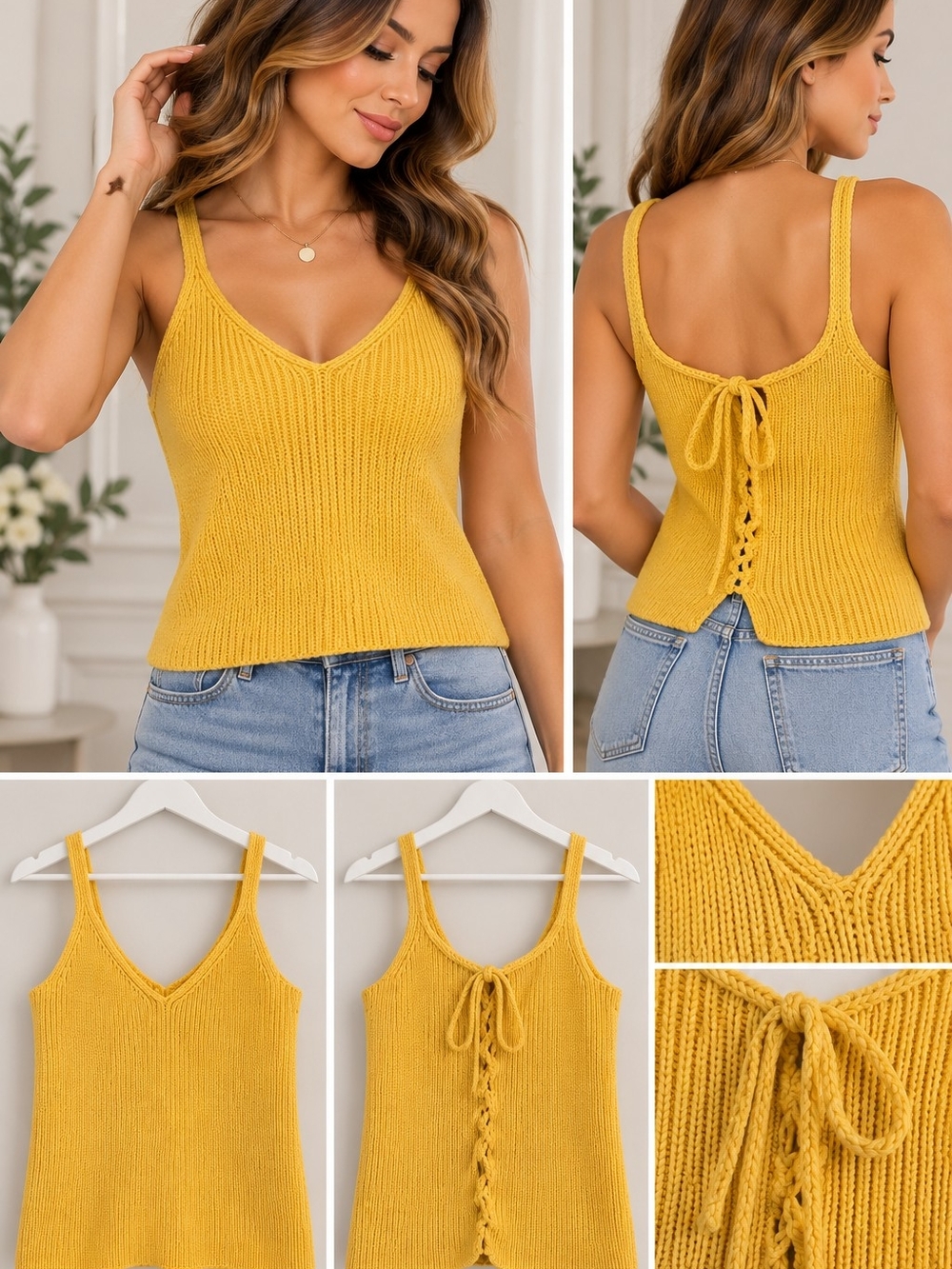 Ralph Lauren Mustard Yellow Knit V-Neck Tank with Lace-Up Back